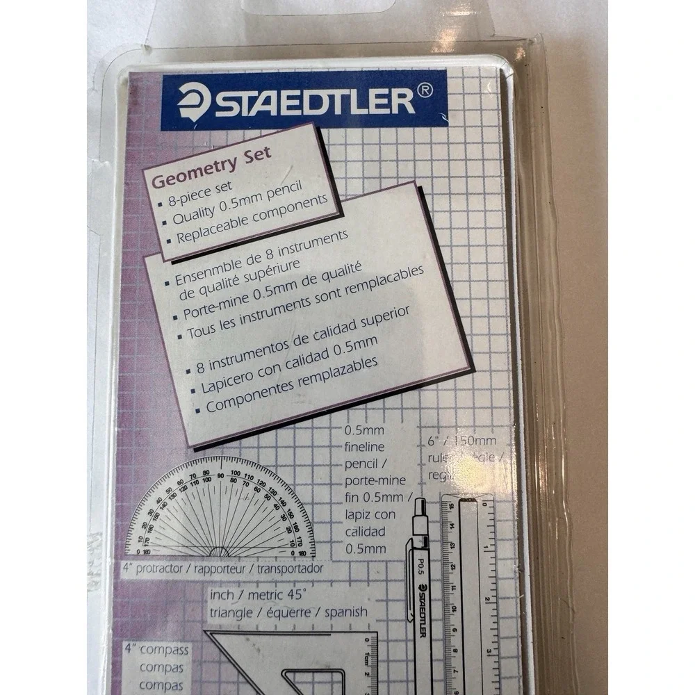 NEW 8 PIECE STAEDTLER GEOMETRY SET INCLUDES PROTRACTOR, COMPASS, RULER & OTHERS